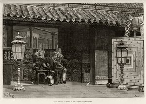 Král Dong Khanh (1864-1889) císař z Annamu, domov v císařském městě Hue (Vietnam). Rytina od Thiriata k ilustraci příběhu „“ Trente mois au Tonkin““ od Dr. Charlese Edouarda Hocquarda (1853-1911), v roce 1885, v Le tour du monde, nouveau journal de