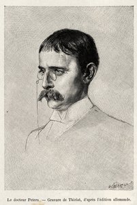 Portrét Dr. Carla Peterse (1856-1918), německého cestovatele. Rytina od Thiriata k ilustraci příběhu „“Au secours d