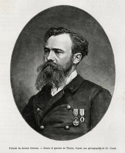 Portrét Dr. Julese Nicolase Crevauxe (1847-1882), lékaře a cestovatele po Jižní Americe (od Francouzské Guyany po Argentinu), velmi se zajímal o studium morálky a historie populací, se kterými se na svých cestách setkal, redigoval četná kniha od Henri Thiriat