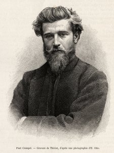Portrét Paula Crampela (1864-1891), francouzského průzkumníka střední Afriky. Rytina Henriho Thiriata k ilustraci příběhu „“ La mission Crampel “, od Alberta Nebouta (1862-1939), v roce 1890, v Le tour du Monde 1892, režie Edouard Charton (1807-1891), H