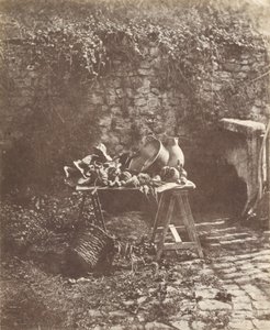 Zátiší- kotel, džbán a zelenina na podstavci