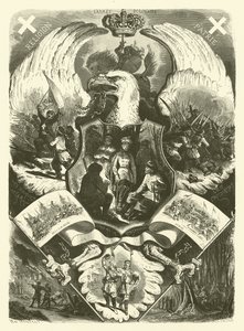 Vojáci a uniformy polské armády během povstání v letech 1863-1864 proti ruské nadvládě (rytina)