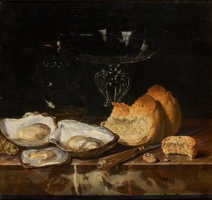 Zátiší s ústřicemi, chlebem a sklenicí na benátské víno, 1661. od Henri de Fromantiou