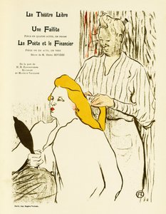 Blondýnka se na sebe dívá do zrcadla, zatímco si nechává upravovat vlasy. Plakát k Une faillite et Le Poete et le Financier, kusy divadla zastoupené v roce 1893 ve Svobodném divadle vytvořeném v roce 1887 Andre Antoinem (1858-1943), ilustrace en lithogr od Henri de Toulouse Lautrec