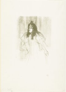 Portrét zpěvačky May Belfortové s volně visícími vlasy od Henri de Toulouse Lautrec