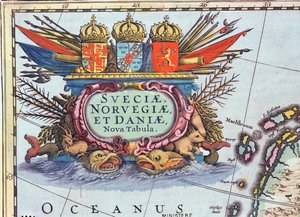 Kartuše z mapy Švédska, Norska a Dánska, 1631 (barevná rytina) od Henricus Hondius II