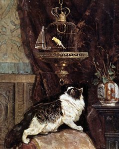 Kočka špehující ptáka v kleci - Henriette Ronner od Henriëtte Ronner Knip