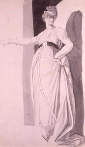 Mladá žena s propracovaným účesem stojící s nataženou pravou paží (tužka a mytí) od Johann Heinrich Füssli
