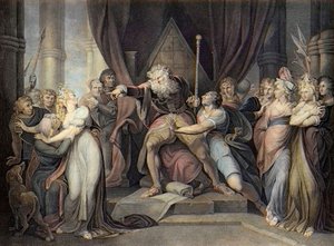 Shakespeare - Král Lear - Král Lear - I. dějství Scéna I. - Král Lear vyhání svou dceru Cordelii - rytina podle Henryho Fuseliho