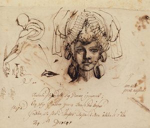 Paní Fuseli nosí komplikovanou pokrývku hlavy a zkoumá oko, ústa a trup (pero a inkoust) od Johann Heinrich Füssli