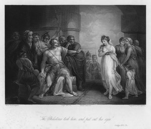 Samson a Dalila, soudci XVI, 21 (rytina)