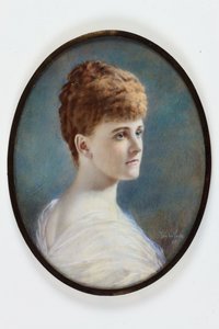 Dáma v bílých šatech, pravděpodobně Frances Evelyn (Daisy) Greville, rozená Maynard, Lady Brooke, později hraběnka z Warwicku od Henry (attr.to) Van der Weyde