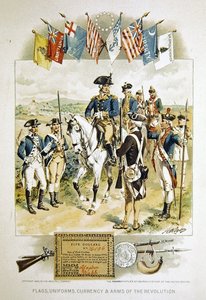 Americké vlajky, uniformy, měna a zbraně revoluce, ilustrace ze „Standardní historie mladých lidí ve Spojených státech“, vytištěné společností Woolfall Company od Henry Alexander (after) Ogden