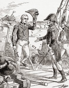 Kapitán Dacres z HMS Guerriere se vzdává a nabízí svůj meč kapitánu Hullovi na palubě USS Constitution po jeho porážce během války v roce 1812, z Historie naší země, vydané 19. od Henry Alexander Ogden