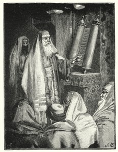 Rabín čte svitek zákona (litho)