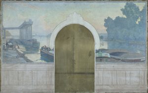 Náčrt svatební síně radnice v Asnières: Krajina. Bárky na Seině s mostem v Asnières, kolem roku 1900 (olej na plátně) od Henry Bouvet