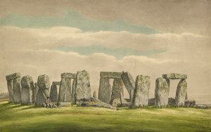 Stonehenge ze SZ, ukazující ruiny s člověkem a psem, 1824-1839 od Henry Browne