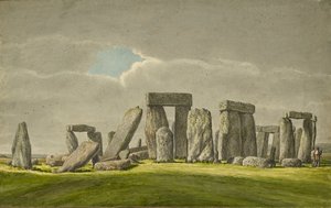 Stonehenge z J. E., zobrazující kameny ve zničeném stavu se 2 návštěvníky, 1824-1839 od Henry Browne