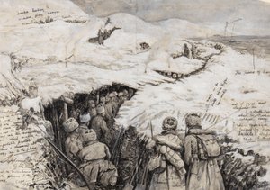 Galicie, ruské jednotky v zasněžených kopcích, 13. března 1916 (inkoust a kvaš na papíře) od Henry Charles Seppings Wright