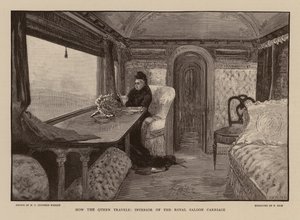 Královna Viktorie v železničním voze Royal Saloon (rytina) od Henry Charles Seppings Wright