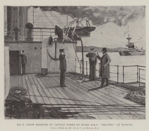 Sir E Satow přijat kapitánem Burkem na palubě HMS Orlando ve Wusungu od Henry Charles Seppings Wright