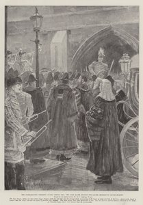 Slavnostní vyhlášení v Temple Baru, lord starosta čte dopis, který přinesl Rouge Dragon. od Henry Charles Seppings Wright