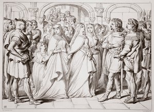 Alftruda uznává Herewarda, ilustrace z Hereward the Great od Charlese Kingsleyho, hospoda. 1870, vyryl C.G. Lewis (rytina ocelového plechu) od Henry Courtney Selous