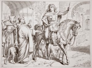 Hereward informuje svého strýce převora, že se chystá být postaven mimo zákon, ilustrace z Hereward the Great od Charlese Kingsleyho, hospoda. 1870, vyryl C.G. Lewis (rytina ocelového plechu) od Henry Courtney Selous