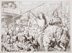 Jak Hereward změnil Berserkera, ilustrace z Hereward the Great od Charlese Kingsleyho, hospoda. 1870, vyryl C.G. Lewis (rytina ocelového plechu) od Henry Courtney Selous