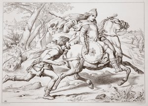 Jak Martin Lightfoot předbíhá Herewarda, ilustrace z Hereward the Great od Charlese Kingsleyho, hospoda. 1870, vyryl C.G. Lewis (rytina ocelového plechu) od Henry Courtney Selous