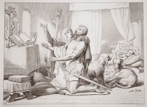 Jak Torfrida učí Herewarda modlit se, ilustrace z Herewarda Velikého od Charlese Kingsleyho, hospoda. 1870, vyryl C.G. Lewis (rytina ocelového plechu) od Henry Courtney Selous