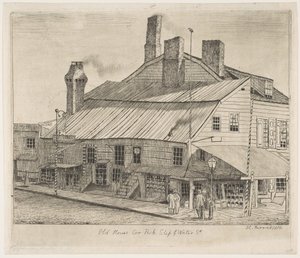 Old House, Corner of Peck Slip and Water Street ze Scenes of Old New York, 1870.