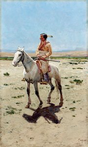 Cheyenne Scout. Indián na koni s puškou. Malba Henryho Francoise Farnyho (1847-1916)