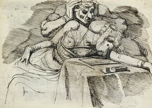 Žena omdlévající u psacího stolu s hrozivou postavou vzadu od Johann Heinrich Füssli