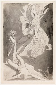 Dante mdloby před vznášejícími se dušemi Paola a Francescy, Virgil po jeho boku od Johann Heinrich Füssli