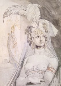 Poloviční postava kurtizány s peřím, mašlí a závojem ve vlasech, 1800-10 (tužka, wc a inkoust na papíře) od Johann Heinrich Füssli