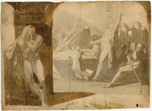 Vévoda z Gloucesteru čekající na lady Annu na smutečním průvodu jejího tchána, krále Jindřicha VI. (recto); Stojící mužský akt, nakloněný dopředu (verso) od Johann Heinrich Füssli