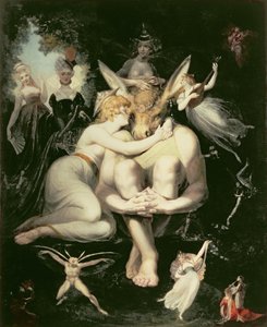 Titania se probouzí, obklopená vílami, nadšeně se drží dna, stále s hlavou osla, 1793-4 od Johann Heinrich Füssli