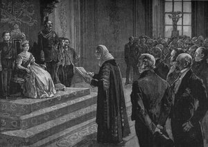 Peers and Commoners přednášející vlastenecký projev ke královně v předvečer Krymské války, 1891