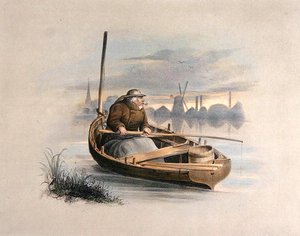 Plavba úhoře, Battersea, ze sady šesti snímků Angling (ručně kolorovaná litografie)