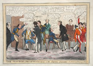 Protokolová společnost v rozruchu aneb Conferees Confounded. A Sketch in Downing Street, hospoda. 1831 (ručně kolorovaná rytina)