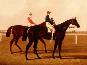 Závodní koně "Charles XII" a "Euclid" s Jockeys Up
