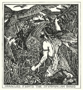 Heracles bojuje se Stymphalian ptáky (litho) od Henry Justice Ford