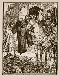 Jak Jindřich VIII. nechal mnichy vypudit z klášterů, ilustrace z „Historie Anglie“ od C.R.L. Fletcher a Rudyard Kipling, 1911 od Henry Justice Ford