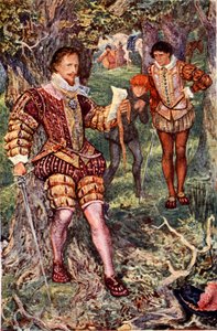 Leicester zabaví dopis od své manželky Amy, vyprávějící o Varneyho spiknutí s cílem ji otrávit, ilustrace z „Kenilworth“ od sira Waltera Scotta, vydané v roce 1912 (barevné litho) od Henry Justice Ford