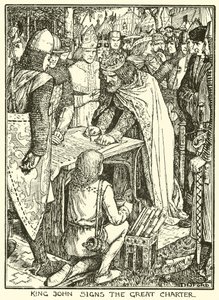 Magna Charta. Král Jan podepisuje Velkou chartu (rytina) od Henry Justice Ford