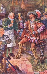 Michael Lambourne pije s hostinským z Černého medvěda, ilustrace zKenilworthu, asi 1910 od Henry Justice Ford