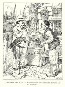 "Monsieur Dumas, mohu vás ubytovat se svou opicí a papouškem" (rytina) od Henry Justice Ford