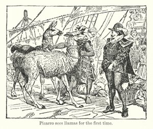 Pizarro poprvé vidí lamy (litografie) od Henry Justice Ford