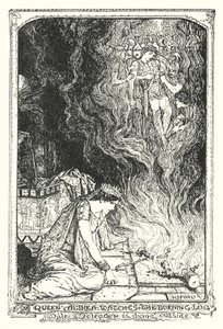 Královna Althea sleduje hořící poleno, zatímco Meleager venku umírá (litho) od Henry Justice Ford